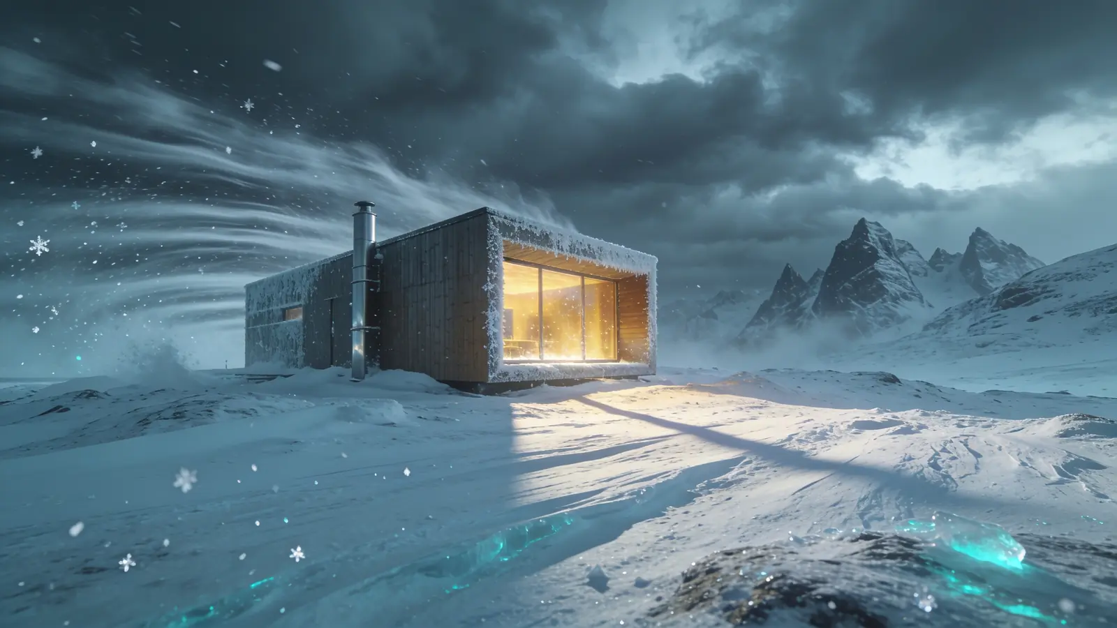 A modern steel-frame cabin in a snowstorm on a Norwegian mountain plateau