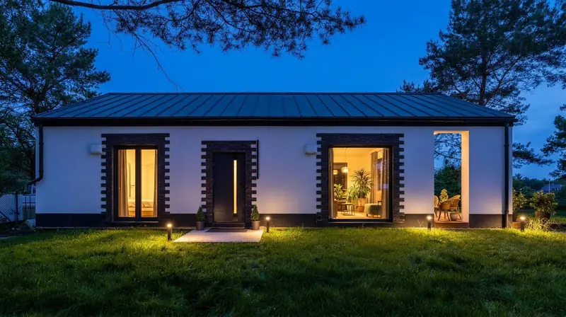 A modern single-storey house at blue hour