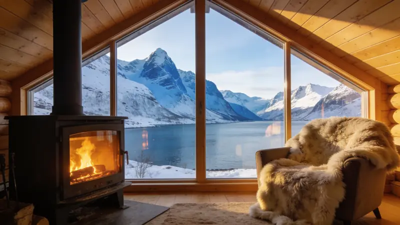 A warm living room with a wood stove and a view of the mountains